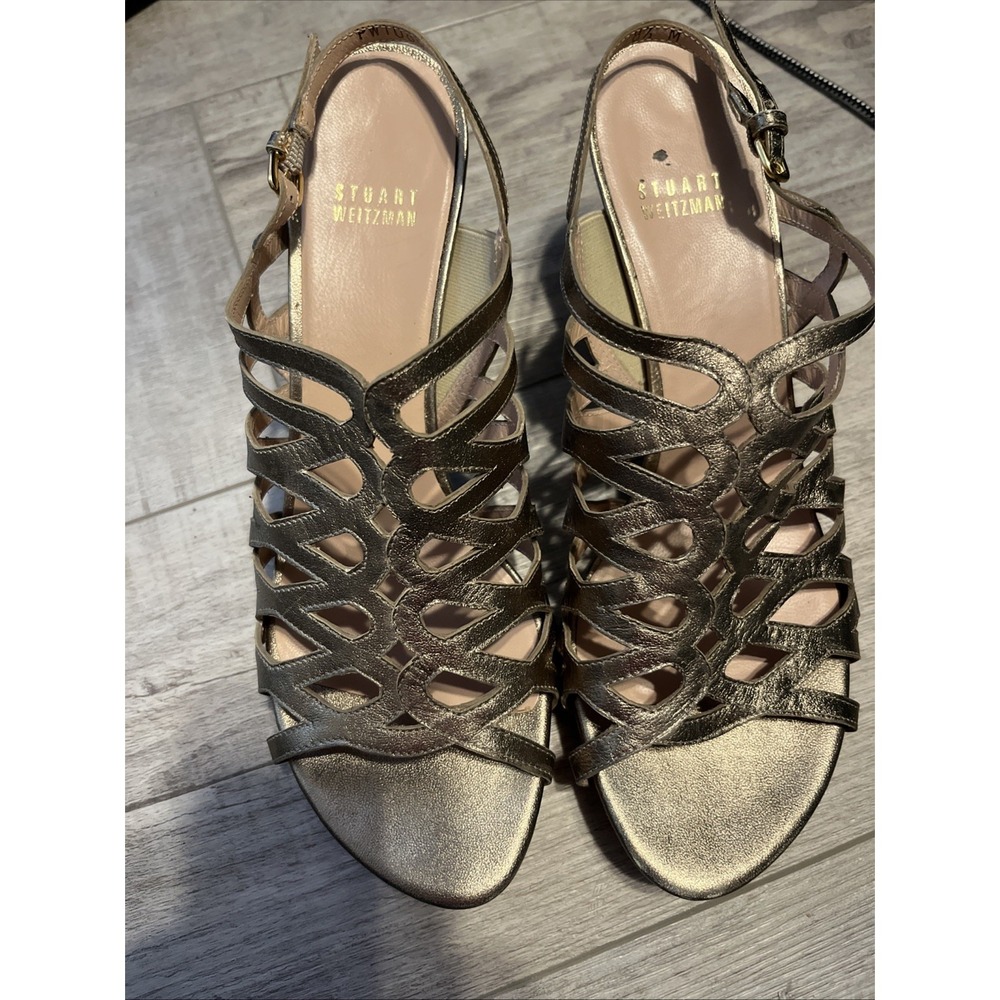 Stuart Weitzman Gold Sparkle Strappy Heels Sandal Women's Sz 8.5
